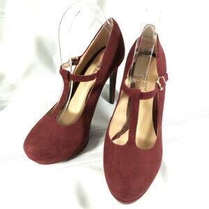 NWOT-1 SHOW! GIANNI BINI! BURGUNDY RED TAPESTRY FABRIC T-STRAP HEELS! SZ 8M